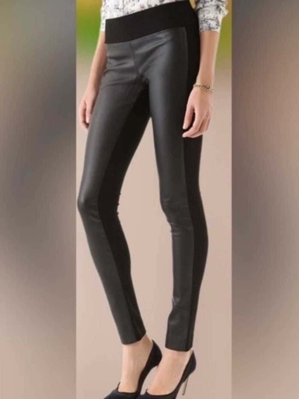 Club Monaco Tasha Black Faux Leather Leggings with Knit Waist Size 4